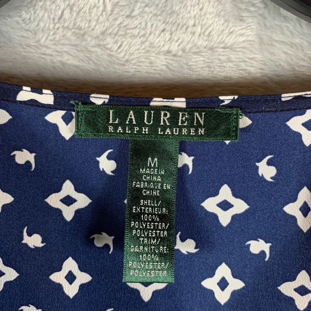 Lauren Ralph Lauren Women's Top Tunic M Blue Geometric‎ Pattern Long Sleeve Prep